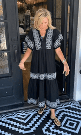 Geometric print patchwork V-neck A-line short-sleeved dress