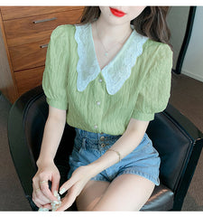 Wellesley Lace Vintage Neck Green Blouse