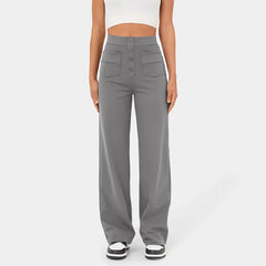 High Waisted Button Multiple Pockets Straight Leg Casual Pants