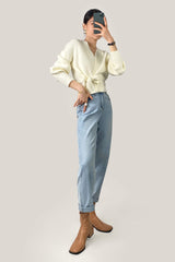 Ivory Ribbed Knit Wrap Tie Side Cardigan