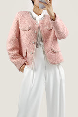 Misty Rose Wool-Blend Long Sleeve Button Up Pearl-Trimmed Jacket