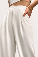 Ivory Half Elastic Pleat Detail Wide Leg Suit Pants