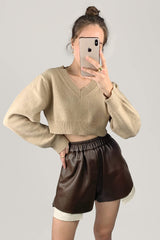 Tan V-Neck Ribbed Trim Cropped Sweater