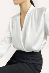 White Ruched Long Sleeve Surplice Blouse