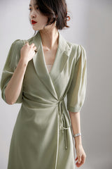 Green Khaki Wrap Front Tie Side Blazer Dress