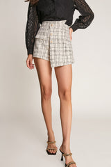 Ivory Tweed High Rise Button Detail Asymmetric Shorts
