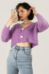 Orchid V-Neck Fuzzy Knit Cropped Cardigan
