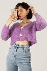 Orchid V-Neck Fuzzy Knit Cropped Cardigan