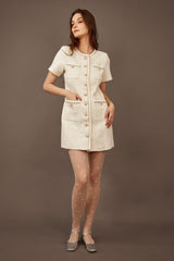 White Faux Pearl Button Mini Dress