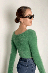 Green Mohair Fuzzy Surplice Cropped Sweater