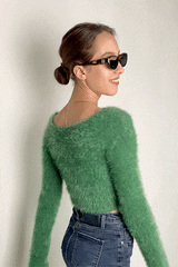 Green Mohair Fuzzy Surplice Cropped Sweater