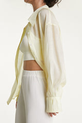 Lemon Chiffon Button-Up Drop Shoulder Oversized Shirt