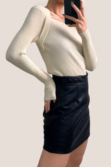 Ivory Ribbed Knit Square Neck Sweater