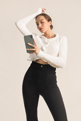 White Ruffle Trim Ribbed Knit Fitted Cardigan