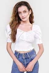 White Ruched Drawstring Smocked Cropped Blouse
