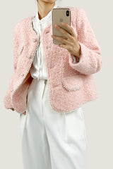 Misty Rose Wool-Blend Long Sleeve Button Up Pearl-Trimmed Jacket