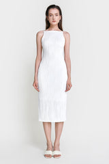 White Faux Pearl Strap Pleated Midi Dress