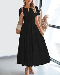 v-neck pleated puff sleeve dress black
