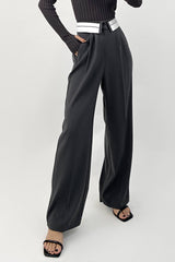Grey Contrast Foldover Waist Wide Leg Pants