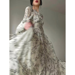 Beige Floral Print Long Sleeve Midi Dress