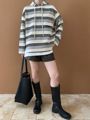 Trendy Contrasting Striped Drawstring Hooded Sweater