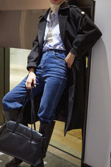 Black Double-Breasted Belted Lapel Collar Longline Coat