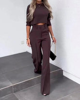 Fashionable solid color high waisted straight pants suit