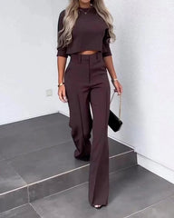 Fashionable solid color high waisted straight pants suit