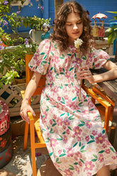 Pink Floral Print Smocked Waist Puff Sleeve Midi Dress