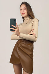 Tan Basic Wool-Blend Turtleneck Sweater