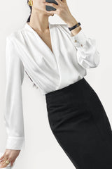 White Ruched Long Sleeve Surplice Blouse