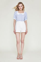 Light Sky Blue Square Neck Bow-Embellished Textured Blouse