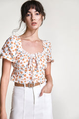 Peru Textured Floral Print Tie Detail Lace Trim Cropped Blouse