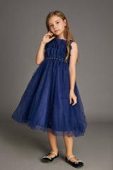 Kids Girls Midnight Blue Strapless Ruffled Pearl-Embellished Tulle Maxi Party Dress