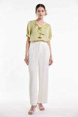 Yellow Green Flounce-Trimmed Short Sleeve Blouse