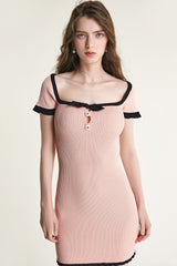 Pink Contrast Trim Bow Detail Rib-Knit Bodycon Mini Dress