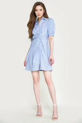 Light Sky Blue Pleat Detail Button Front Shirt Dress