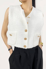 White Pocket Detail Gold Button Cropped Knitted Vest