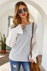 Crystal Grid Pleated Long Sleeve Top