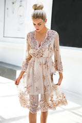 Sequin V-neck Half Sleeve Dress - 2 Colors