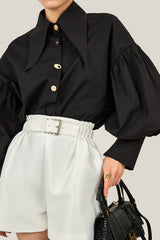 Black Pointed Collar Button Detail Lantern Sleeve Shirt