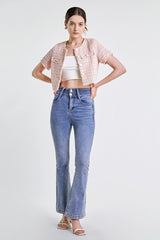 Pink Button-Up Short Sleeve Cropped Tweed Jacket