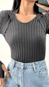 Dim Grey Strap Detail Cut Out Ribbed Knit Sweater