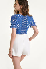 Steel Blue Polka Dot Tie Detail Cropped Blouse