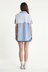 Light Sky Blue Striped Roll-Tab Sleeve Shirt With Square Scarf Shawl