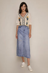 White Floral Embroidery Contrast Trim Cardigan