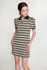 Black Diamond Check Knitted Polo Collar Mini Dress