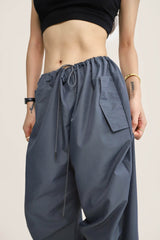 Grey Mid Rise Drawstring Cargo Pants