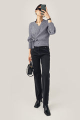 Grey Ribbed Knit Wrap Tie Side Cardigan