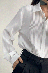 White Pleat Detail Long Sleeve Button-Up Chiffon Shirt